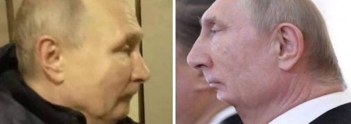 путін в Маріуполі й карикатура на путіна з мережі