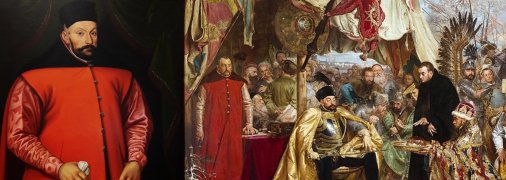 Король Речі Посполитої (ліворуч) та фрагмент картини "Стефан Баторій під Псковом". Колаж "Телеграфу"