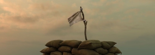 Нужно откинуть оружие в сторону, стать прямо, поднять руки вверх либо показать белый флаг