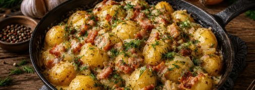 Молодой картофель с беконом и сыром в сливках