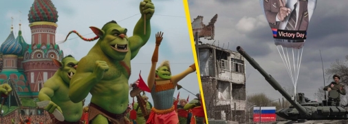 Орки на Червоній площі та кульки з путіним на фоні руїн. Фото Midjourney