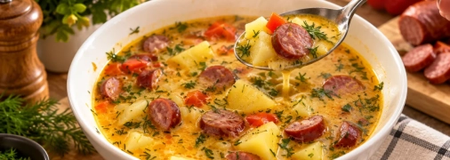 Рецепт сытного блюда с колбасками и плавленым сыром