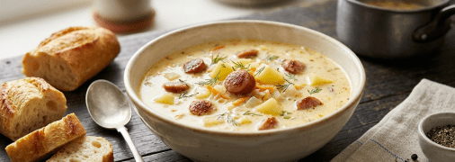 Сырный суп с французскими колбасками