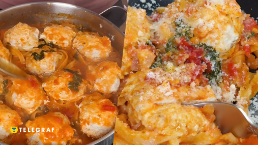 Ужин в одной сковороде: паста с котлетами в густом томатном соусе (видео)