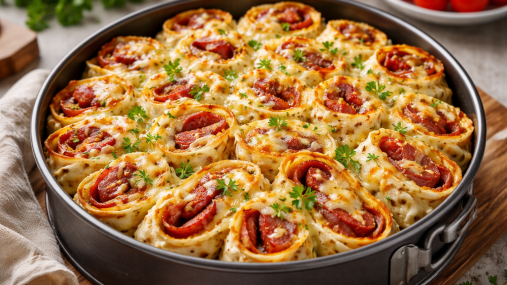 Ленивый пирог из тортильи: плавленый сыр, салями и овощно-томатный соус (видео)