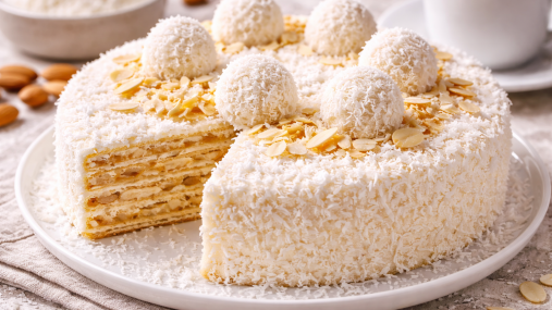 Вафельный торт "Рафаэлло" без выпечки: нежный, кокосовый и готовый за 15 минут (видео)