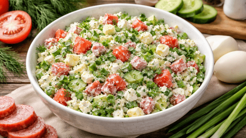 Весна на тарелке: нежный салат с творогом, овощами и колбаской (видео)