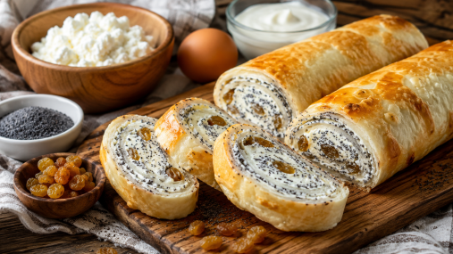 Творожно-маковый рулет с изюмом: нежный десерт без лишнего сахара (видео)