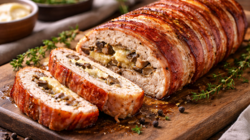 Идеальный рулет к празднику и на каждый день: курица, грибы, сыр и румяный бекон (видео)