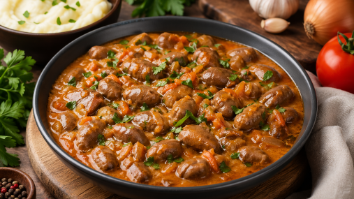 Неожиданно вкусно: гуляш из куриных сердечек в густом соусе (видео)