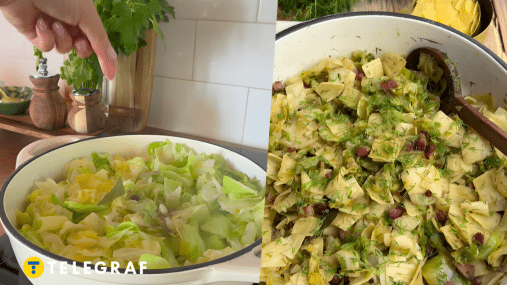 Просто, но очень вкусно: молодая капуста с беконом и лапшой (видео)