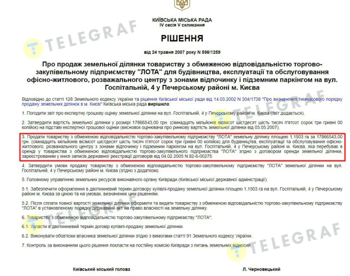 Фирма приобрела 17 лет назад земельный участок в центре Киева по цене 154,7 тыс. гривен/сотка Лота, Госпитальная 4