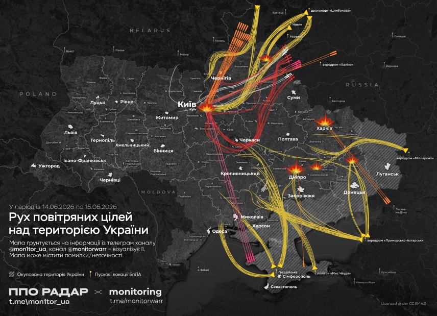Рух повітряних цілей ворога над Україною 15 червня