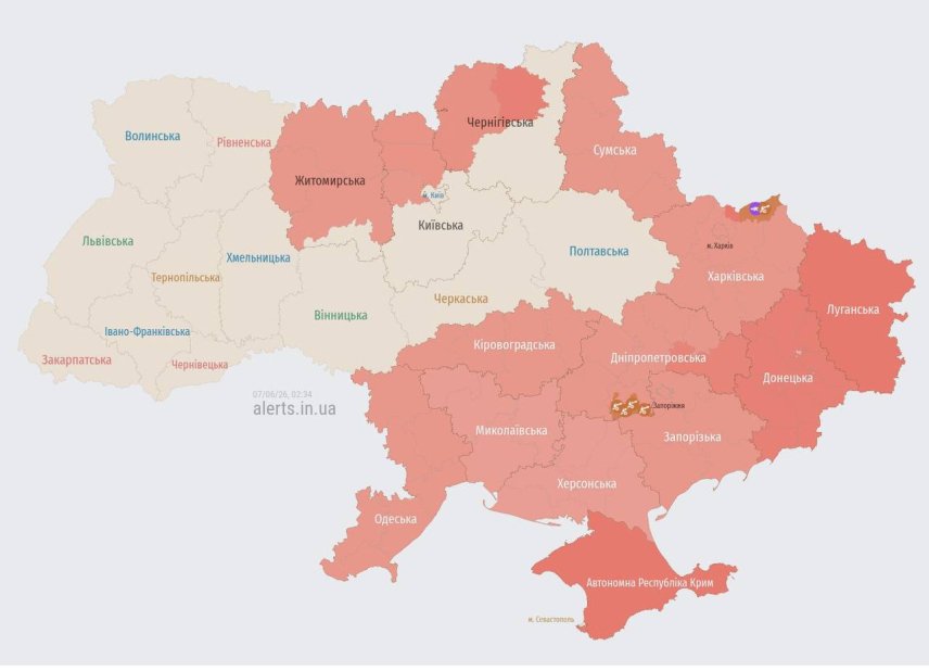Карта тривог вночі 7 червня